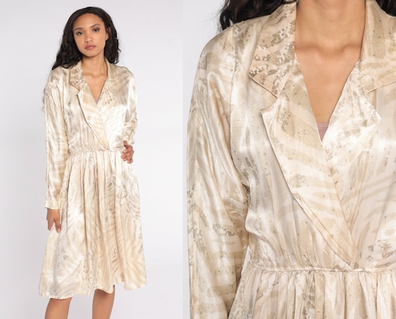 80s Wrap Dress Shiny Long Dolman Sleeve Dress 80s Geometric Print Midi 1980s Deep V Neck Bohemian Vintage High Waist Leslie Fay Small