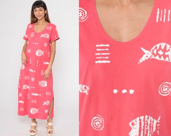 Fish Print Dress 90s Pink Beach Dress Tropical Maxi Sun Dress Geometric Swirl 1990s Scoop Neck Vintage Shift Short Sleeve Medium Petite