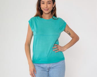 Athletic Tank Top 80s Turquoise Mesh Panels Vintage Workout Sportswear Sleeveless Crew Neck Fitness Aerobics Exercise Gym Small Medium SM