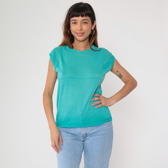 Athletic Tank Top 80s Turquoise Mesh Panels Vintage Workout Sportswear Sleeveless Crew Neck Fitness Aerobics Exercise Gym Small Medium SM
