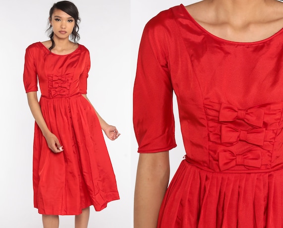 60s Party Dress Red BOW Dress Teena Paige 1960s Dress Midi Prom Dress Formal Vintage High Waist Mad Men Tea Length Extra Small xs 24