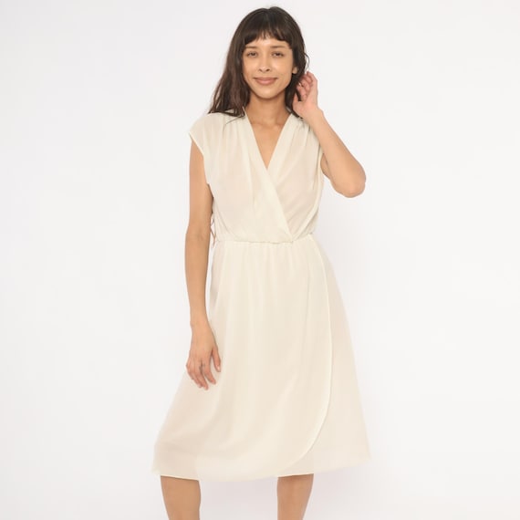 70s Cream Wrap Dress  V Neck Cap Sleeve Ivory Midi Faux Sheer Off White Knee Length Frock Minimalist Summer Vintage Women Small S