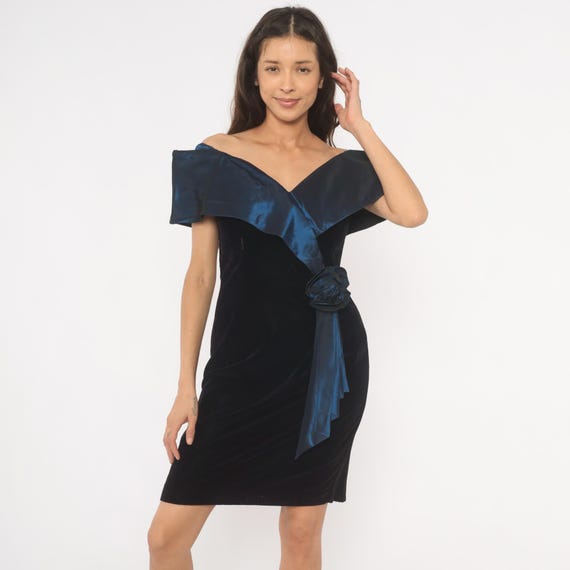 Off Shoulder Velvet Dress 90s Navy Blue Satin Bodice Rosette Detail Cocktail Evening Back Slit Formal Party Gown Night Out Gothic Medium M