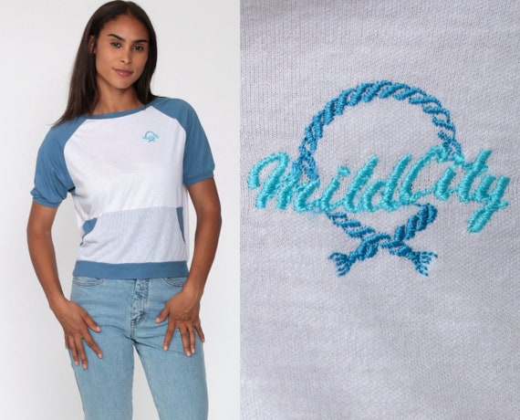 Raglan Shirt 80s MILD CITY Mesh Short Sleeve Tshirt Blue Shirt Raglan Baseball T Shirt Sportswear White Vintage 1980s Gym Retro Small