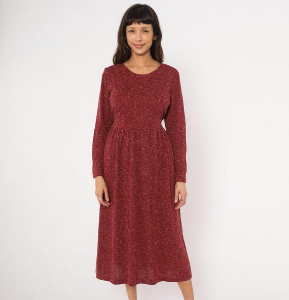 Burgundy Speckled Dress 90s Long Sleeve Tie Back Wine Maroon Flecked Knit Fall Winter Dark Cottagecore Prairie Gothic Alt Vintage Medium M