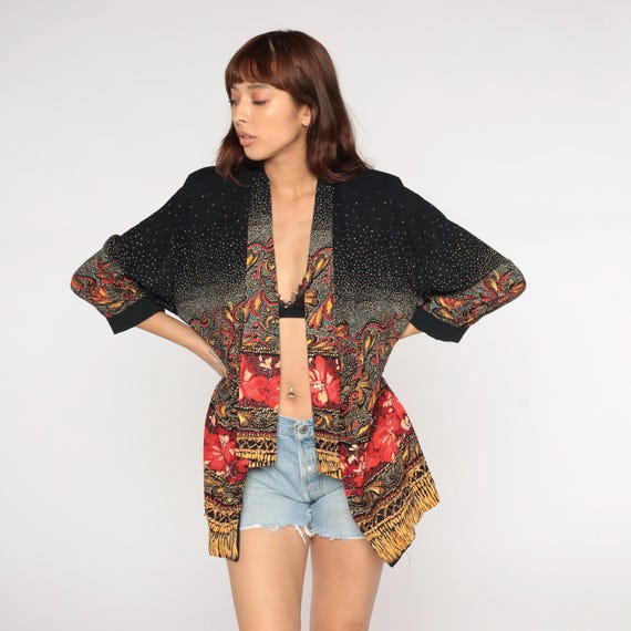 Paisley Kimono Cardigan 90s Open Front Long Sleeve Vintage Boho Floral Print Black Red Gold Bohemian Festival Jacket Medium M