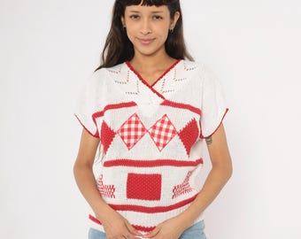 Gingham Patchwork Knit Top 80s White Red V Neck Sweater Cotton Diamond Pattern Striped Geometric Pullover Neckline Summer Vintage Small S