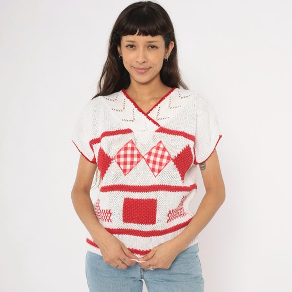 Gingham Patchwork Knit Top 80s White Red V Neck Sweater Cotton Diamond Pattern Striped Geometric Pullover Neckline Summer Vintage Small S