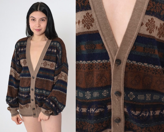 80s Geometric Cardigan Sweater Italian Deep V Nec… - image 1