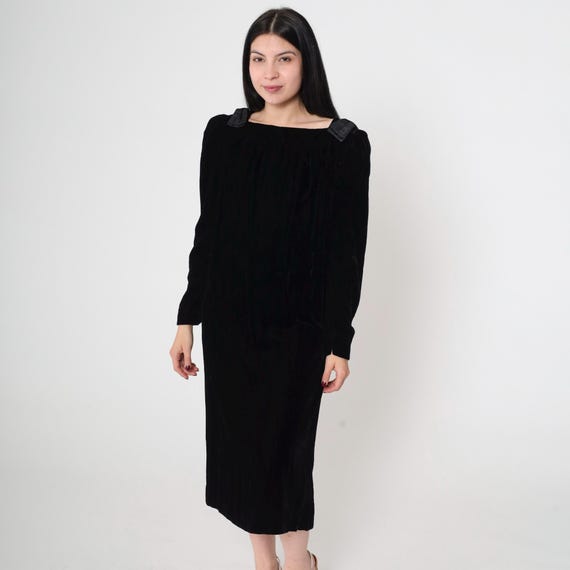 Vintage Victor Costa Velvet Party Dress 80s Black Bow Shoulder Midi 1980s Cocktail Shift Formal Long sleeve Holiday Square Neck Medium M