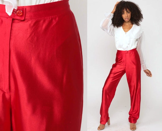 Red Disco Pants Red Shiny Pants High Waisted Trousers 70s Vintage Rock Glam Party Rave Clubwear 1970s Small