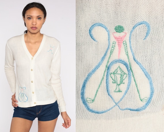 Off-White Golf Sweater 70s Embroidered Cardigan Button Up Sweater Retro Preppy Girly Pastel Spring Knit Boho Vintage Bohemian Extra Small xs