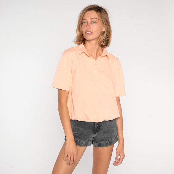 Peach Polo Shirt 80s Collared Tshirt Preppy Basic Short Sleeve Top Banded Hem Streetwear Collar Plain Solid Minimalist Vintage 1980s Large L
