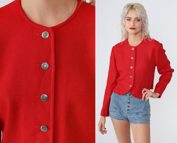 Red Pendleton Blazer 80s Virgin Wool Button up Cropped Jacket Retro Preppy Crop Coat Plain Simple Minimalist Basic Vintage 1980s Medium M