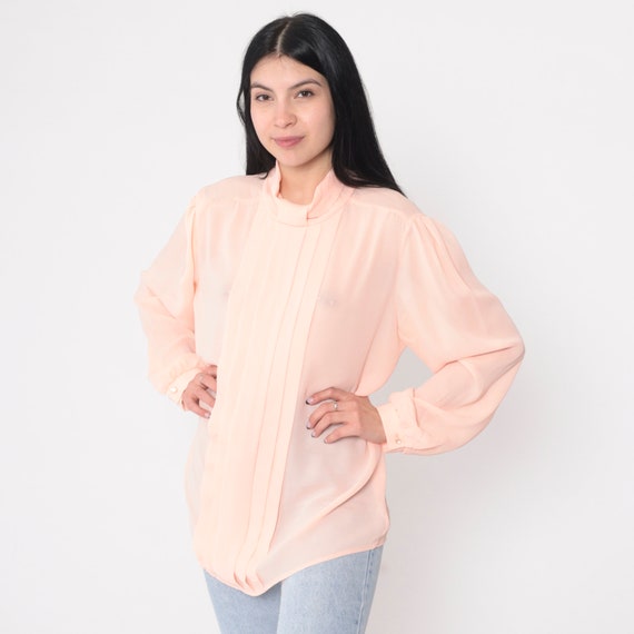 Pink Pleated Blouse 90s Long Puff Sleeve Top Semi-Sheer Shirt Simple Retro Formal Cocktail Secretary Chic Pastel Minimal Vintage 1990s Large