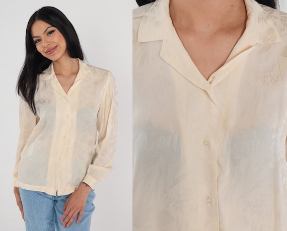 Cream Silk Blouse 80s Floral Embossed Button Up Shirt Long Sleeve Semi-Sheer Top Retro Secretary Top Flower Print Vintage 1980s Medium M