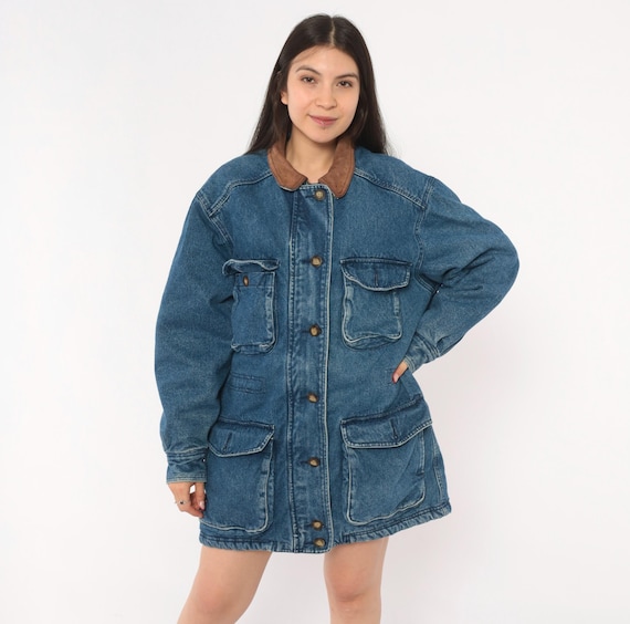 90s Denim Field Jacket Leather Collar Brown Cotton Barn Coat Blue Jean Chore Safari Multi Pocket Long Workwear Kings Bay Vintage Medium M