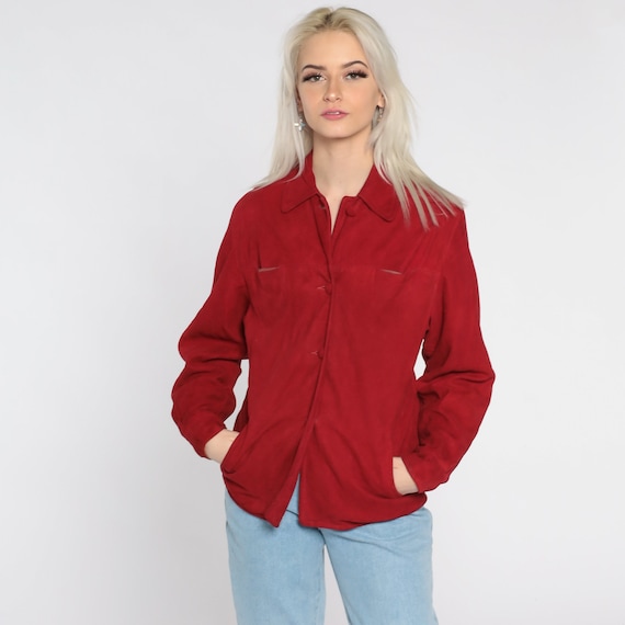 Red Suede Jacket LEATHER Jacket 80s Suede Shirt J… - image 2