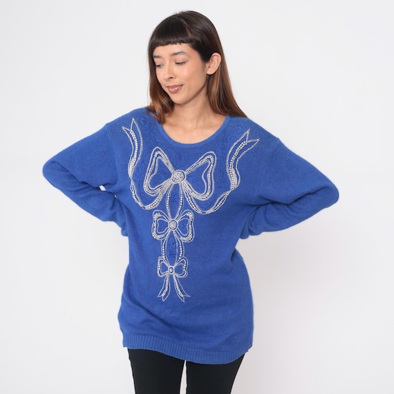 80s Blue Sweater Bow Design Tunic Long Sleeve Embroidered Silver White Vintage Jumper Pullover Knit Loose Fit Statement Novelty Small S