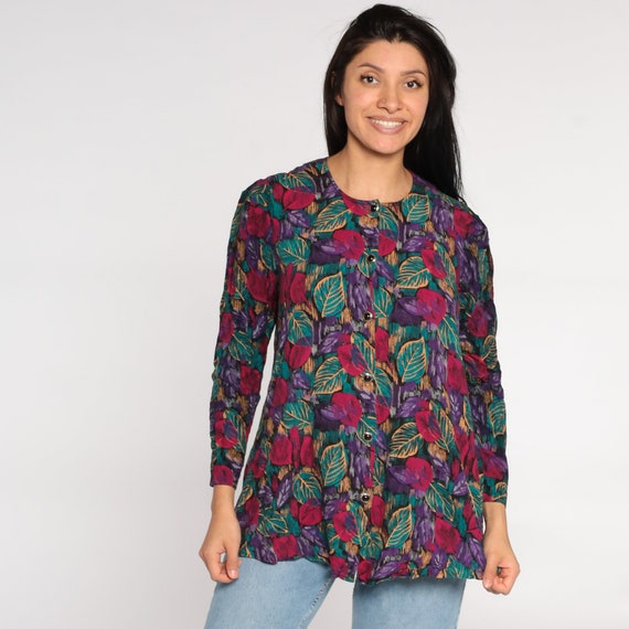 90s Button Up Shirt Leaf Print Blouse Purple Pink Print Long Sleeve Top Boho 1980s Vintage Bohemian Teal Rayon Blouse 80s Large