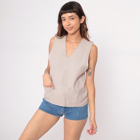 70s Cream Ribbed Sweater Vest Houndstooth Beige Sleeveless Knit Top Wool Blend  Vintage Crew Neck Form Fitting Preppy Tennis Golf Small S