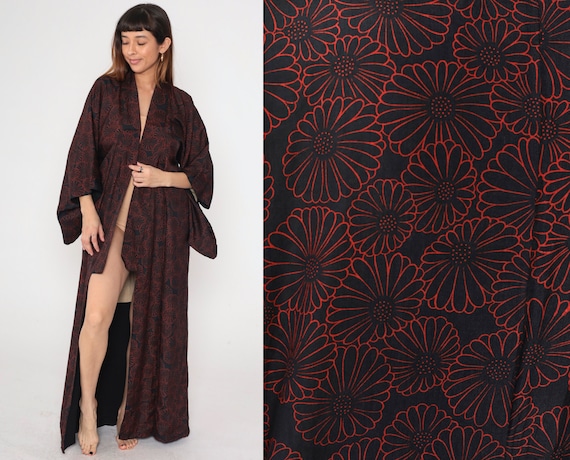 60s Kimono Robe Black Floral Robe Bohemian Wrap Flower Power Print 1960s Boho Hippie Kimono Japanese Red Flower Maxi Robe Large L