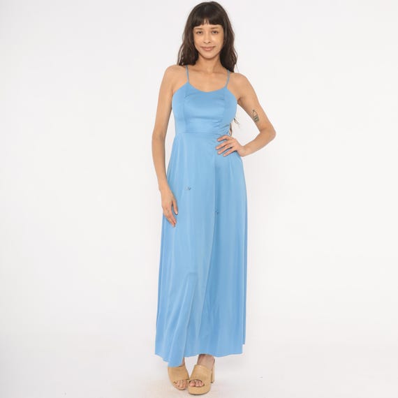 Sky Blue Maxi Dress 70s Spaghetti Strap Gown Rosette Detail Side Slit Fitted Bodice A Line Flowy Prom Vintage Sleeveless Extra Small XS