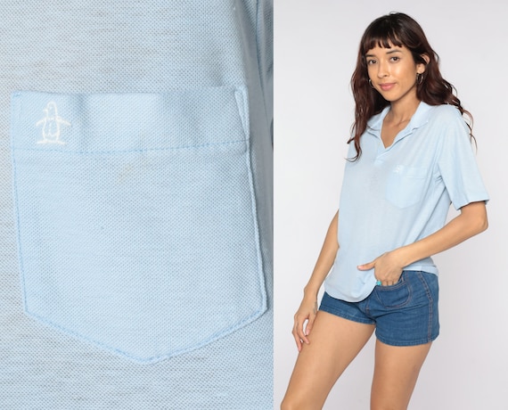 80s Munsingwear Polo Shirt Pastel Baby Blue Polo Shirt Thin Half Button Up Tshirt 1980s Retro Vintage Tee Penguin Grand Slam Medium