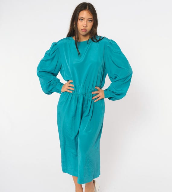 80s Teal Blue Midi Dress Long Puff Sleeve Elastic Waist Back Button Scoop Neck Drop Waist Blouson Modest Sundress Womens Extra Large XL