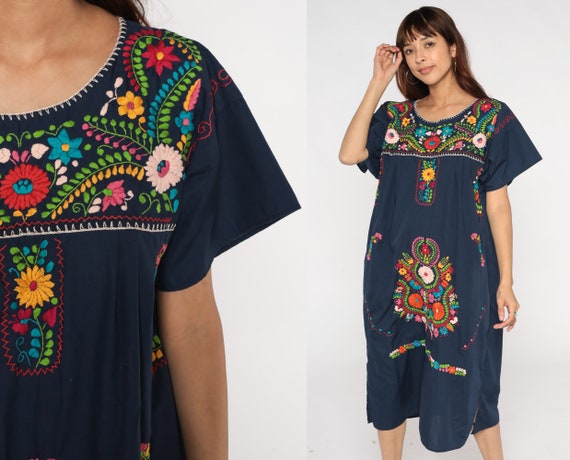90s Mexican Dress Navy Blue Floral Embroidered Midi D… - Gem