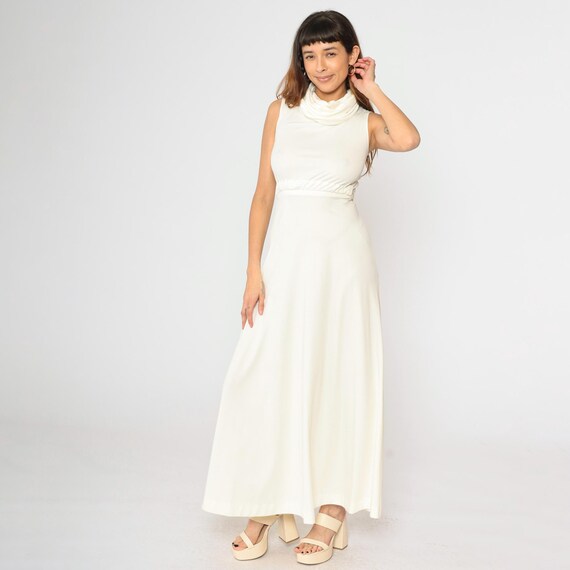 1970s White Maxi Dress 70s Boho Cowl Neck Grecian Dress Disco Party Long High Waist Cap Sleeve Drape Gown Formal Extra Small xs 0