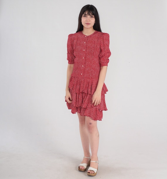 Red Flounce Dress 80s 90s Polka Dot Mini Dress Pearl Button Up Puff Sleeve Ruffle Tiered Low Drop Waist Retro Cute Vintage 1990s Small S