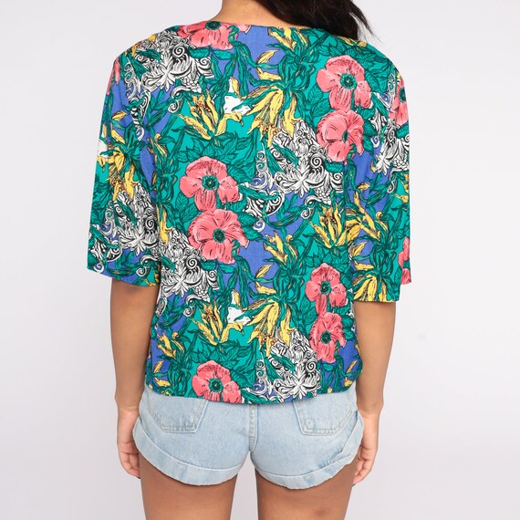 Tropical Floral Blouse 80s Button Up Short Sleeve… - image 7