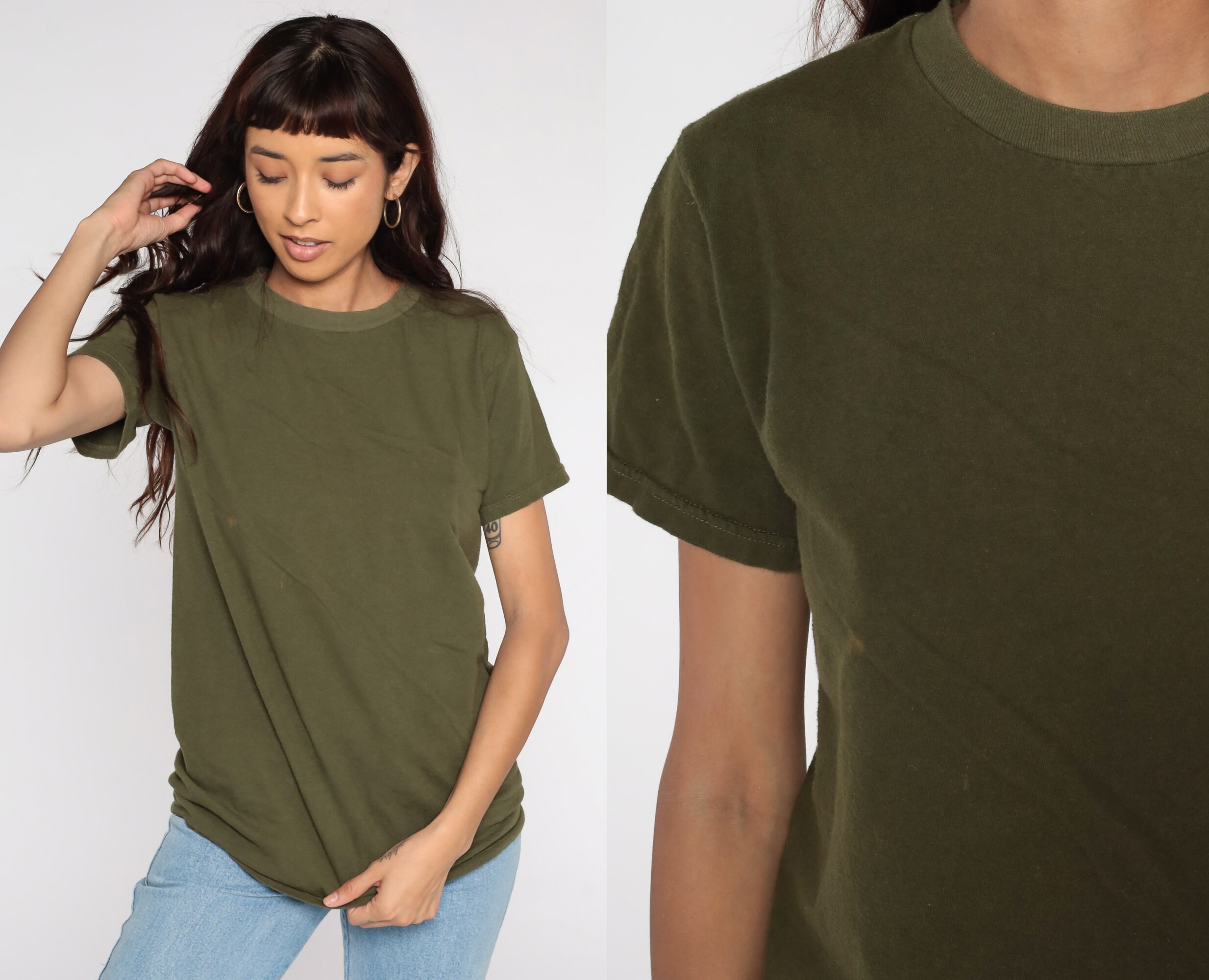Distressed Olive Shirt Plain Tshirt 90s 