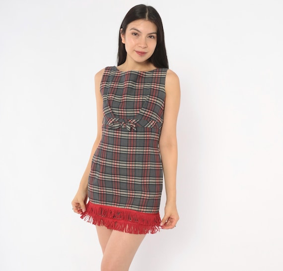 60s Plaid Mod Mini Dress Grey Red Tartan Sleeveless Bow Waist Fringe Collegiate Preppy Check Fall Winter Pattern Petite Extra Small XS