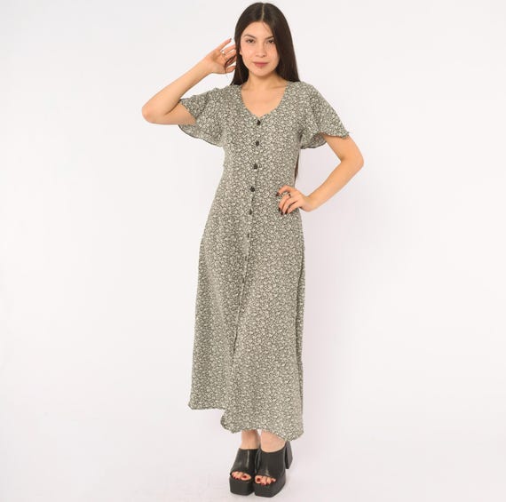 90s Grunge Ditsy Floral Midi Dress Black White Button Front V Neck Flutter Sleeve Lace Up Corset Back Prairie Cottagecore Extra Small XS