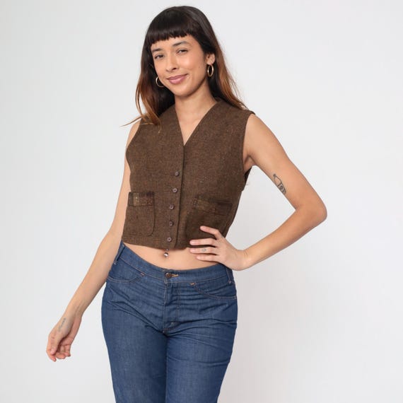 Tweed Vest 70s Brown Wool Sleeveless Vintage Boho Vest Irish Wool Glenveigh Dublin Earth Tones 70s Layering Hippie Woodstock Natural Small S
