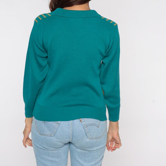 Striped Polo Sweater Teal Striped Sweater 80s Nec… - image 7