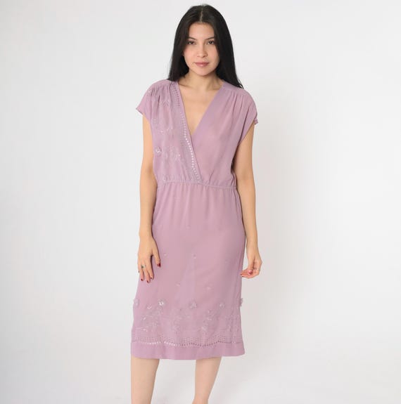 Vintage Wrap Dress 70s 80s Sheer Lavender Floral Embroidered Dress Boho Midi Deep V Neck High Waist Cap Sleeve Bohemian Party Grecian Medium