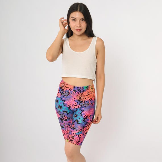 90s Psychedelic Shorts Neon Abstract Print Bike Length Spandex High Waist Geometric Swirl Pattern Festival Club Cycling Athleisure Large L