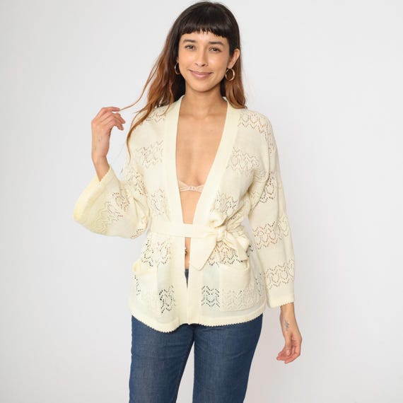 Vintage Cream Wrap Cardigan 70s Open Front Pointelle Knit Sweater Pockets Open Knit Hippie Retro Bohemian Acrylic 1970s Belted Medium M