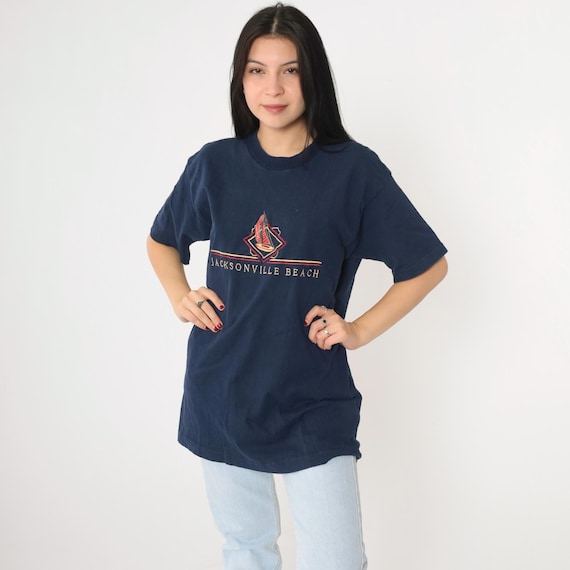Vintage 90s Jacksonville Beach Shirt M Florida T Shirt Sailboat Graphic Tee Navy Blue Embroidered Tourist Travel Tshirt 1990s Medium