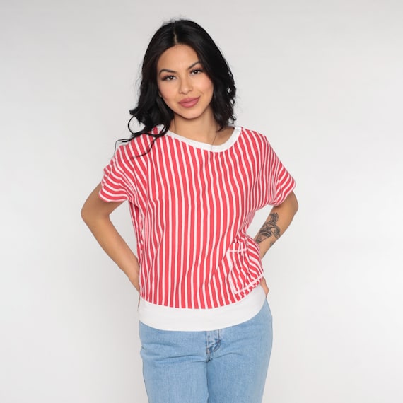 Red White Striped Shirt Pocket Top Short Blouse 90s Ringer Shirt Vintage Slouchy Retro 1990s Lizsport Liz Claiborne Small S