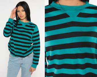 Teal Striped Sweatshirt -- 80s Sweater Black Green Stripe Print Slouch Pullover Jumper Crewneck Shirt Vintage Medium