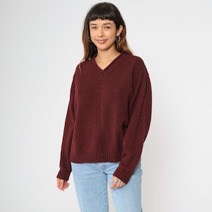 Suéter burdeos vintage de los años 90, cuello en V, jersey de punto, retro, holgado, preppy, básico, liso, minimalista, otoño, tejido de punto, acrílico, años 90, talla mediana, M