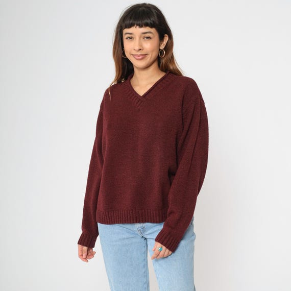 Vintage Burgundy Sweater 90s V Neck Knit Pullover Retro Slouchy Preppy Basic Plain Minimal Fall Knitwear Acrylic 1990s Medium M