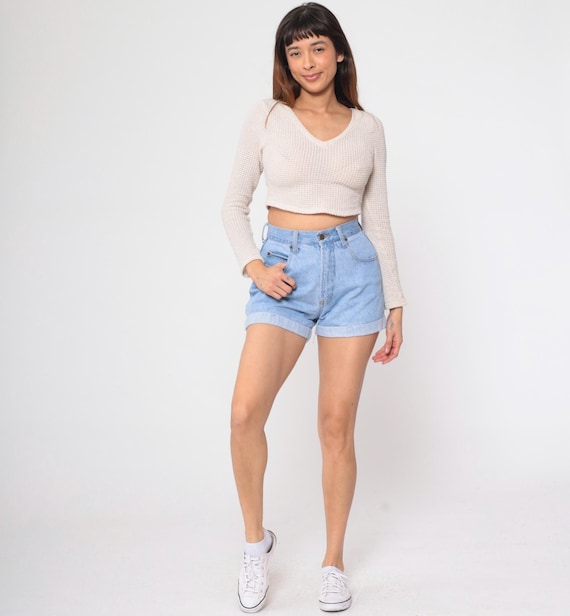 90s Jean Shorts Cuffed Denim Shorts Mom Shorts Light Wash Blue Shorts High Waisted 1990s Vintage Small