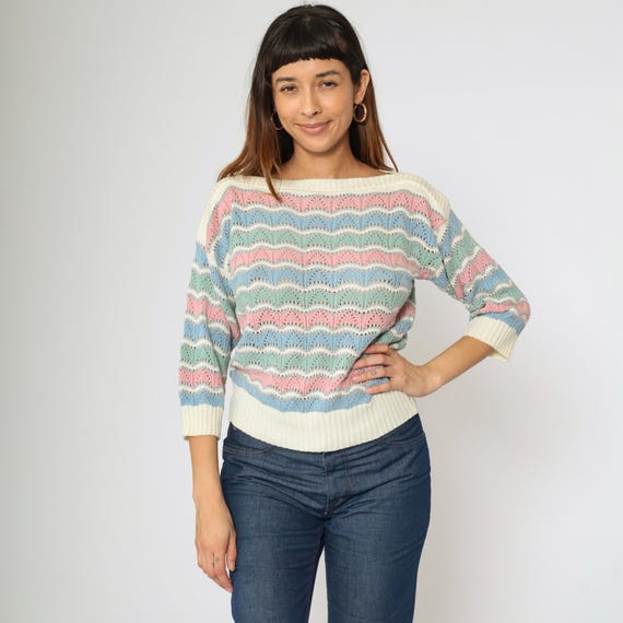 Vintage Pastel Pointelle Sweater 80s Striped Knit Pullover Retro Kawaii Boatneck Pink Blue Green Openwork Boat Neck Sheer Sweater Medium