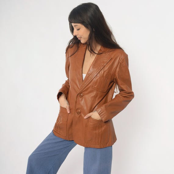 70s Leather Blazer Tan Brown Tailored Jacket Notched Lapel Long Sleeve Dark Academia Cognac Camel Vintage Fitted Medium M