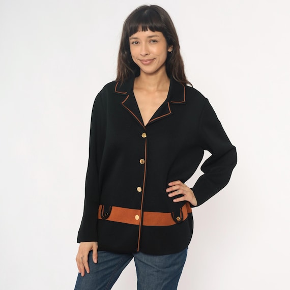 70s Knit Blazer Black Gold Button Front Collared Jacket Waistband Detail Preppy Collegiate Dark Academia Vintage Womens Large L